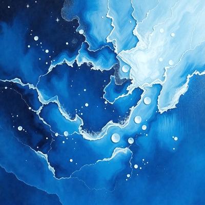The primary subject of the image is a blue and white painting of a water-filled ocean. The setting is a blue background, and the visual style appears to be a digital art or illustration. The dominant colors are blue and white, creating a serene and calming atmosphere.